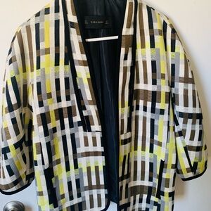 Zara Open-Front Plaid Blazer in Yellow, Brown & Black